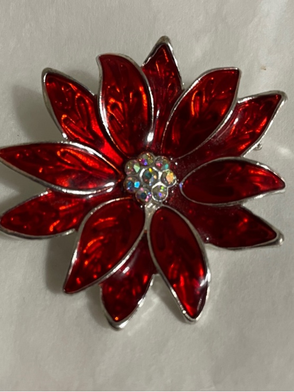 Poinsettia Red with Rhinestone Brooch